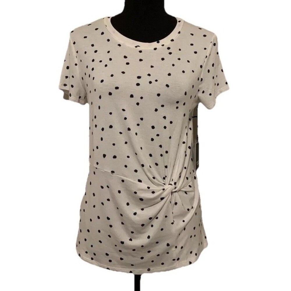 Simply Vera Wang Womens Top White Black Polka Dot Short Sleeve Size Small S NWT